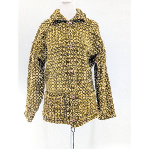 Ends Of The Earth 100% Wool Handmade in Ecuador Yellow Black Button Coat Size L - Picture 10 of 10